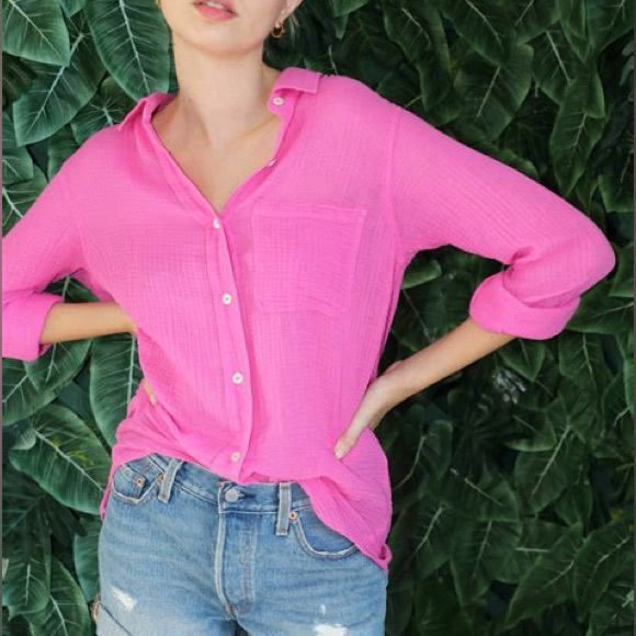Félicité Neon Pink Gauze Cotton Button Down Top - Picture 2 of 5